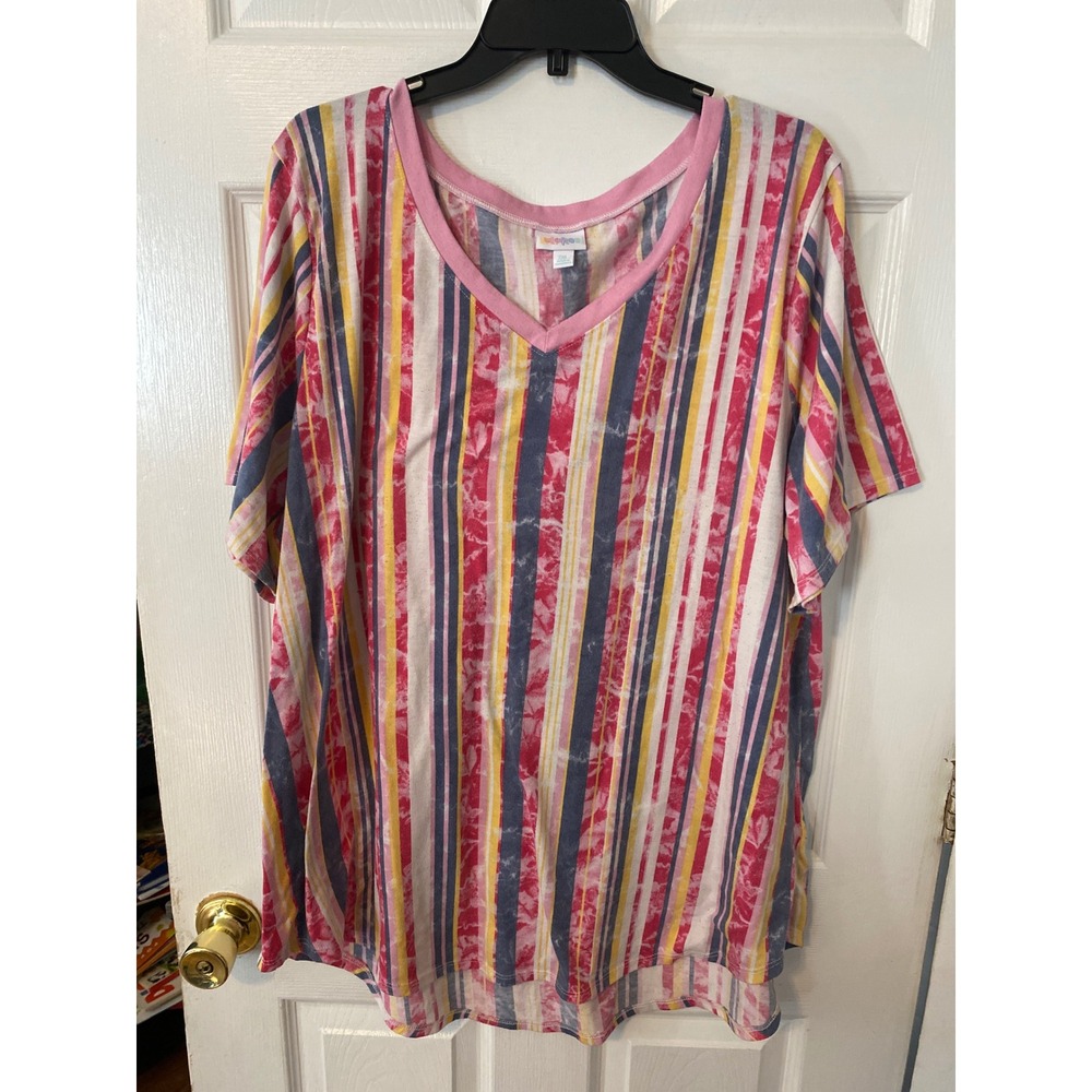 LuLaRoe Christy V-Neck T-Shirt 2XL Pink Yellow Blue Striped Short Sleeve Top